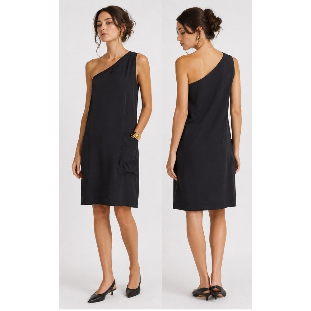 Chloe Black Silk One Shoulder Sheath Dress 38 Patch Pocket Minimalist France Lux